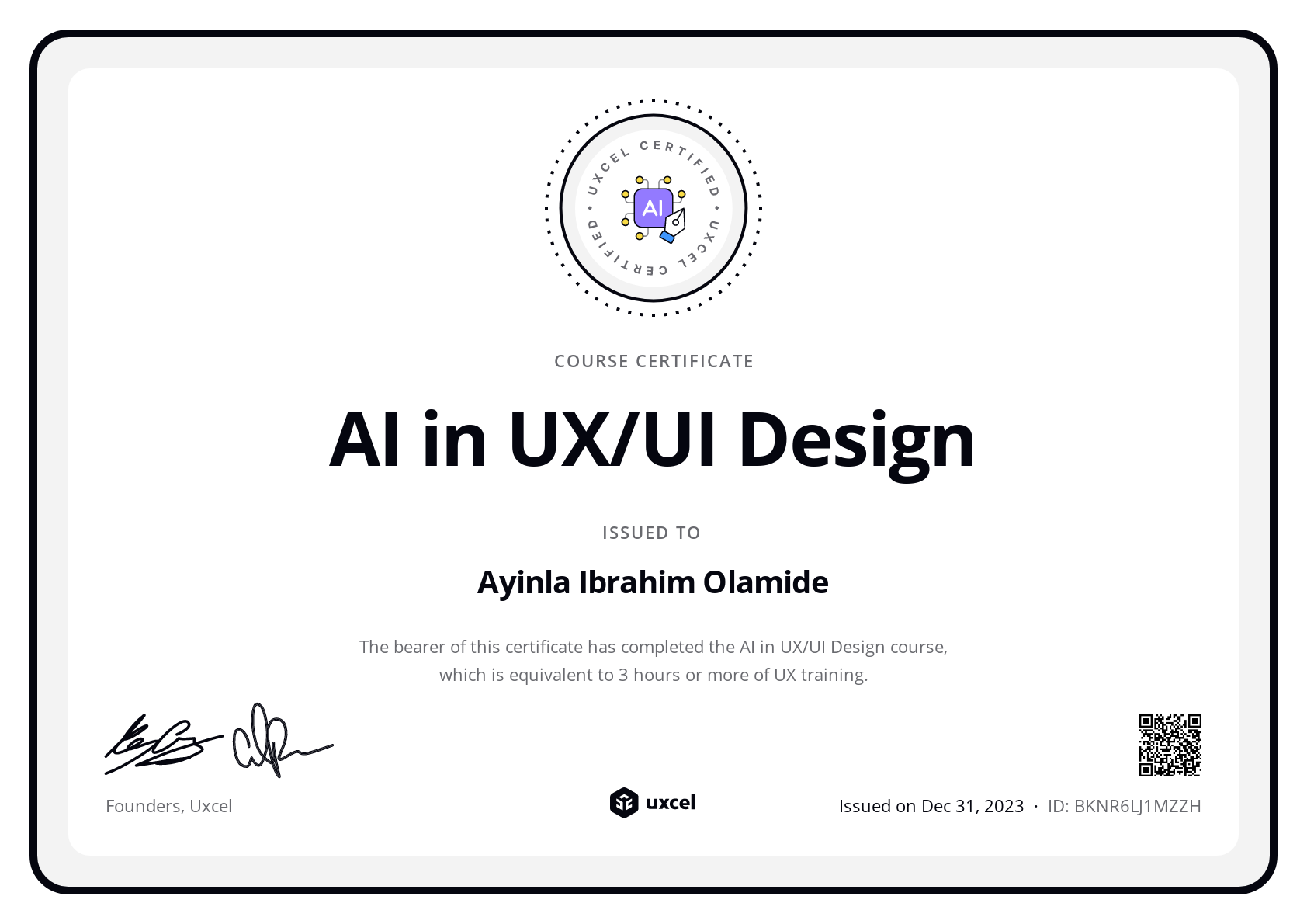 Ayinla Ibrahim Olamide's certificate